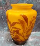 An Art Glass ovoid vase, etched with honeysuckle, on a light orange ground, bears signature Galle,