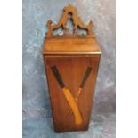 A George III mahogany knife/candle box, inlaid in coloured woods with knife and fork, pierced