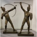 French School, 20th century, bronzed, Roman Gladiators, canted rectangualr bases, 29cm high