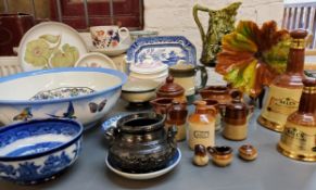 A Denby Hunting mug and bowl;  a Sarreguemine majolica jug, in green, c.1900;   a majolica leaf