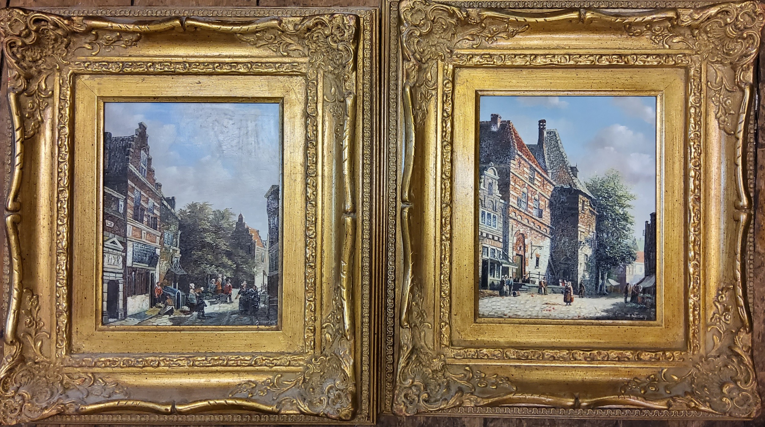 Adrian Norley (20th century)  A Pair, Dutch Market Squares, signed, oils on panel, 24cm x 18.5cm