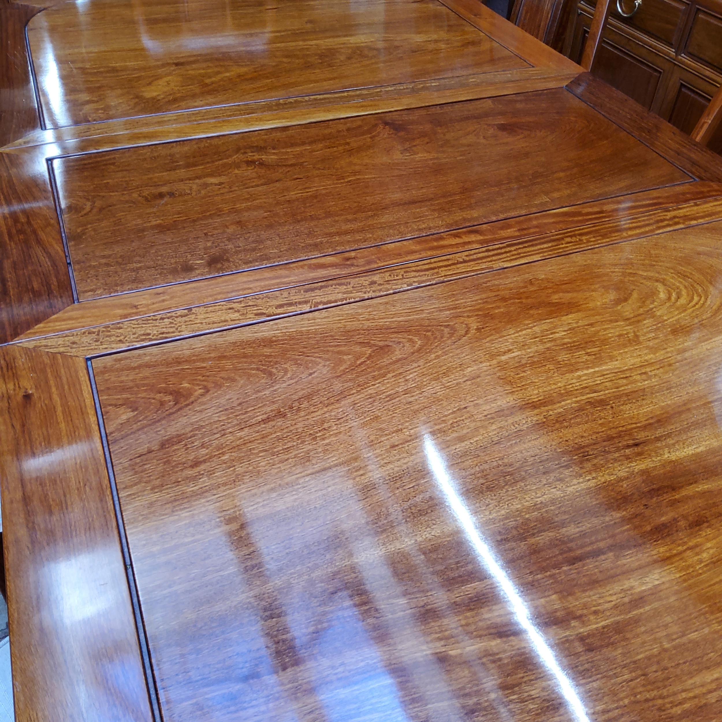 A Chinese hardwood draw leaf dining table with two carvers, six dining chairs and additional leaf, - Image 2 of 3