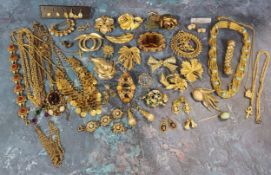 Vintage costume Jewellery - bold gold plated brooches, pendants, chains and earrings