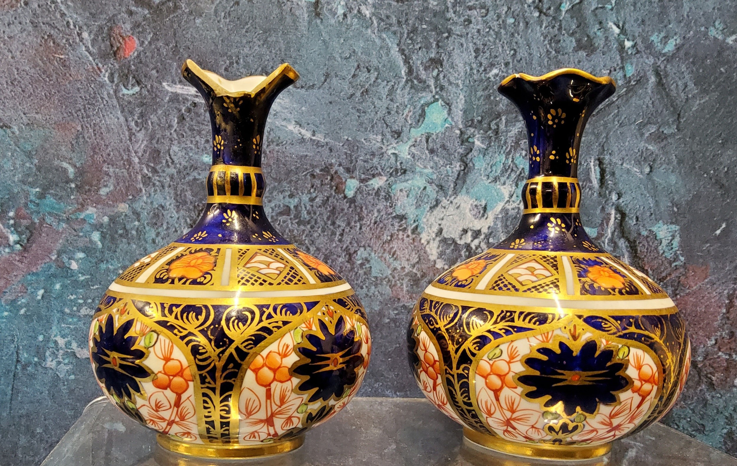 A pair of Royal Crown Derby 1128 pattern bottle vases, 8.5cm high, printed marks, printed mark, date - Image 3 of 3