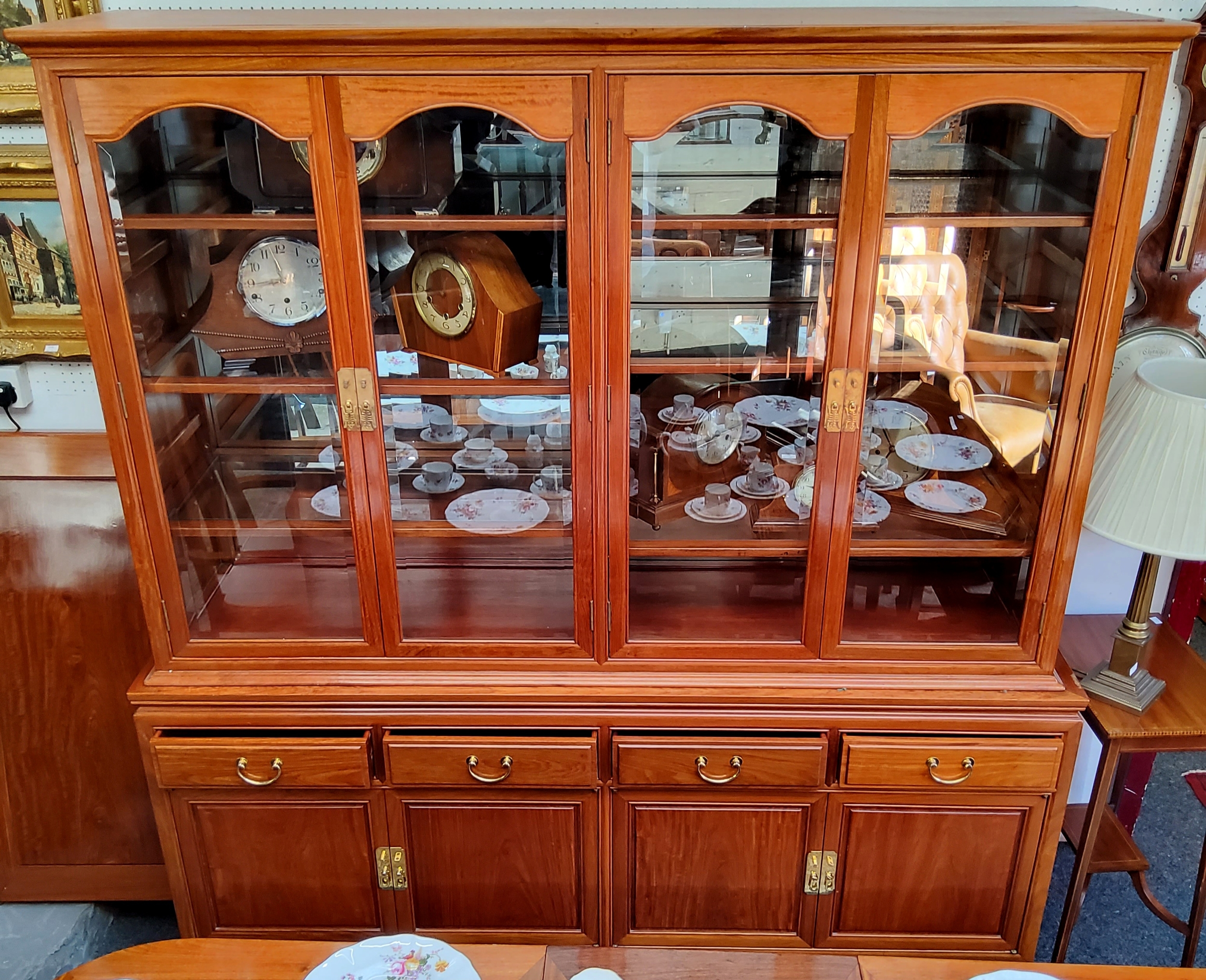 A Chinese hardwood mirrored back display cabinet, glazed doors with toughened glass shelves, 177cm - Image 2 of 4