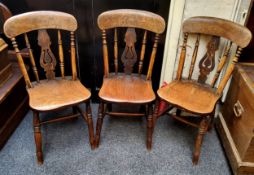 Three 19th century well figured elm farmhouse chairs