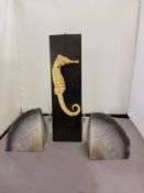 Natural History - a seahorse, mounted, 16cm long;  two geodes (3)