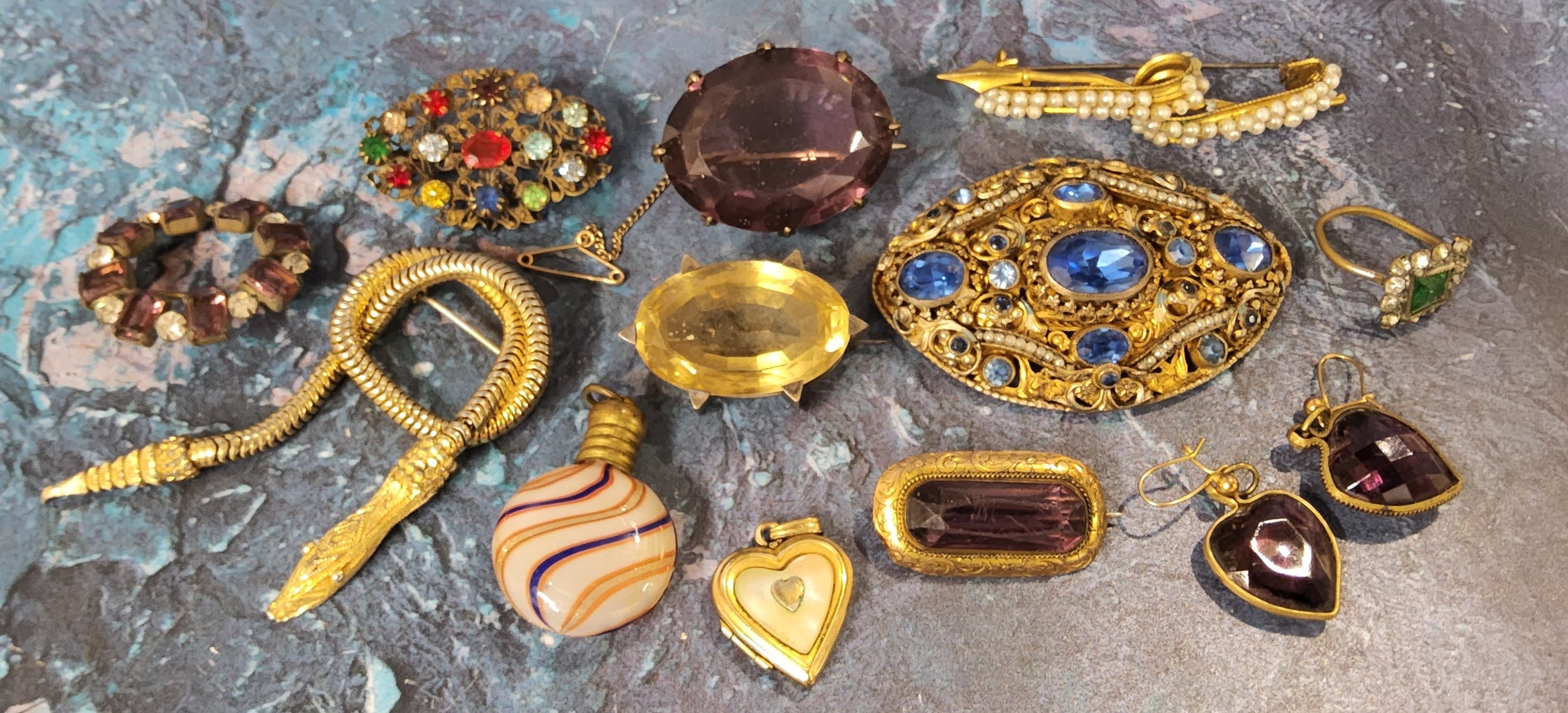 Costume Jewellery - a Victorian gilt metal seed pearl brooch, glass scent flask, articulated snake