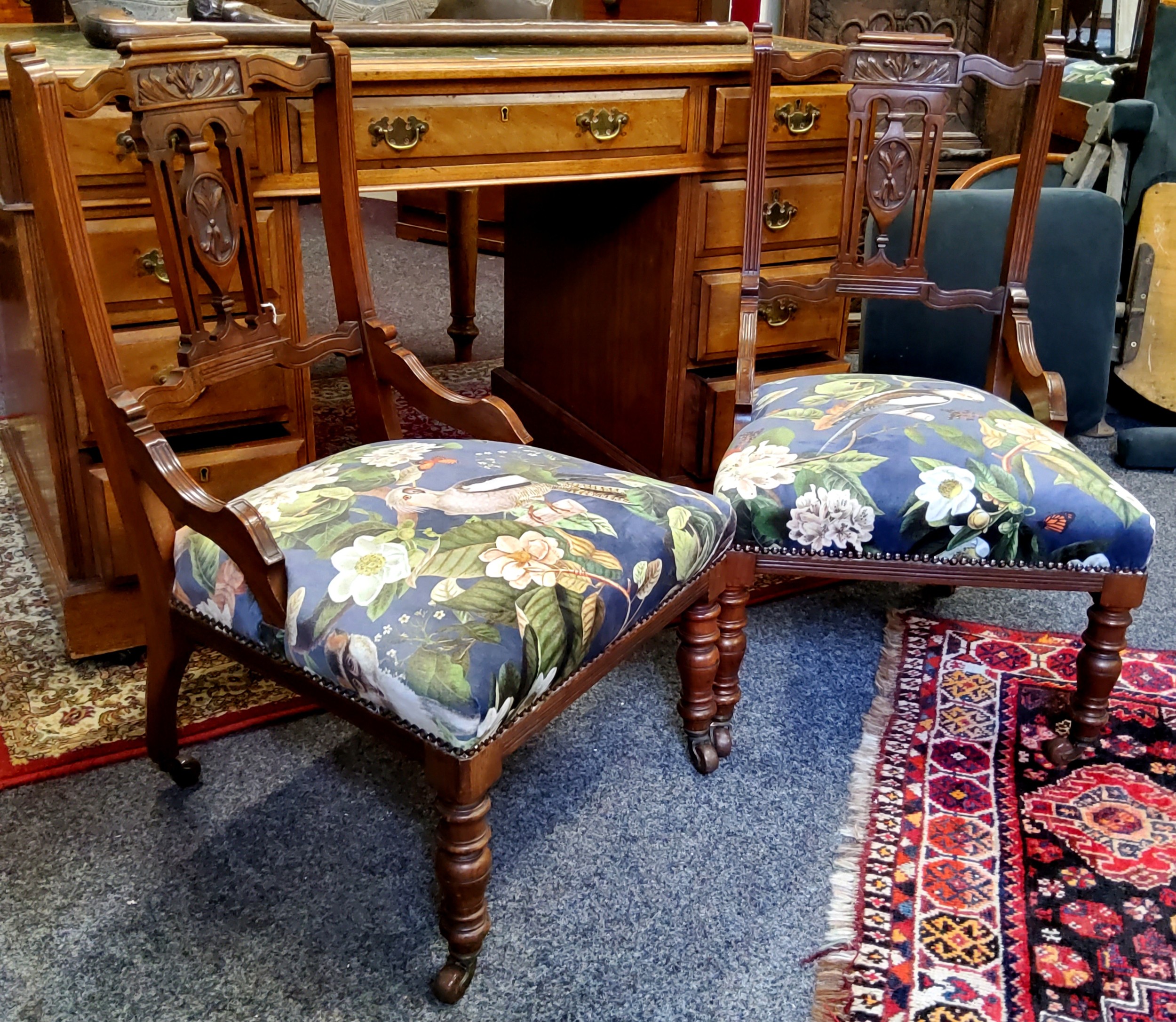 Interior Design - a good pair of Victorian walnut nursing chairs, recently upholstered in a parakeet - Image 3 of 4