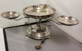 An E.P.N.S., epergne, with central circular dish, three smaller dishes on scroll arms, circular