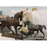 A bronzed resin, Horse, rectangular base, 29cm high;  others, Tang style, 36cm high;  another (3)