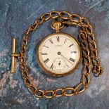 A Waltham gold plated open faced pocket watch;  a gold plated Albert