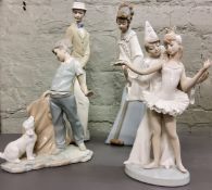 A Lladro figure, of a Ballerina and Pieriot, 27cm high, printed mark;  a pair of Nao figures,