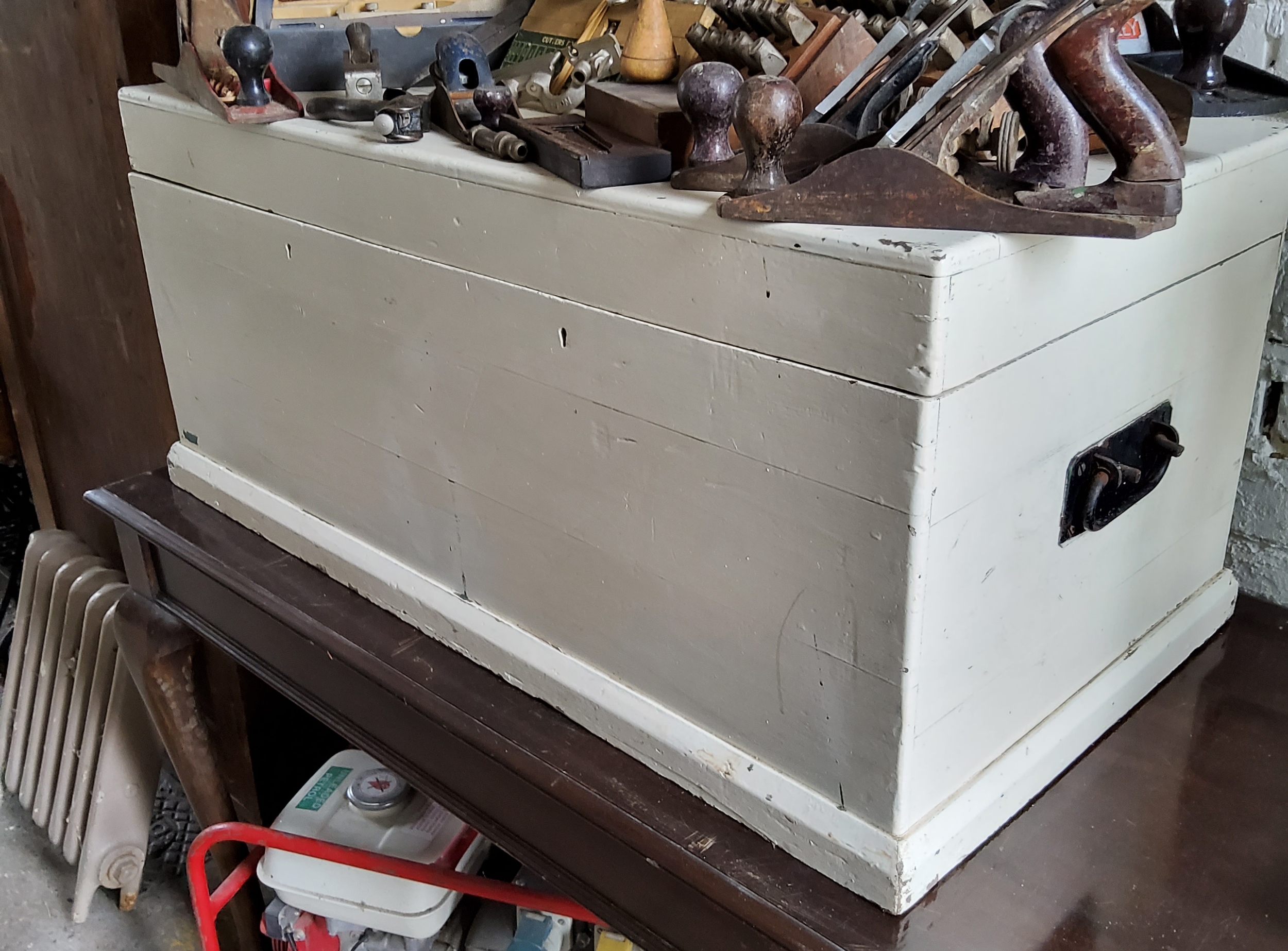 A Victorian painted pine blanket box filled with multiple EPNS four piece services