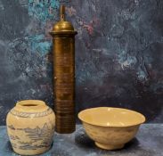 A Middle Eastern brass spice mill, 24cm high;  a Chinese blue and white brush pot, 10cm high;  a