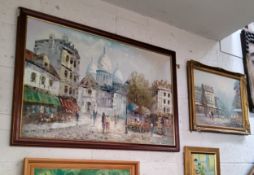 Burnett (20th century) oil on canvas - two Parisian street scenes, framed. The largest 88cm w x 68cm