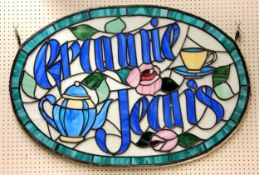 Vintage Tea Rooms - a substantial stained glass hanging 'Grannie Jean's' sign.