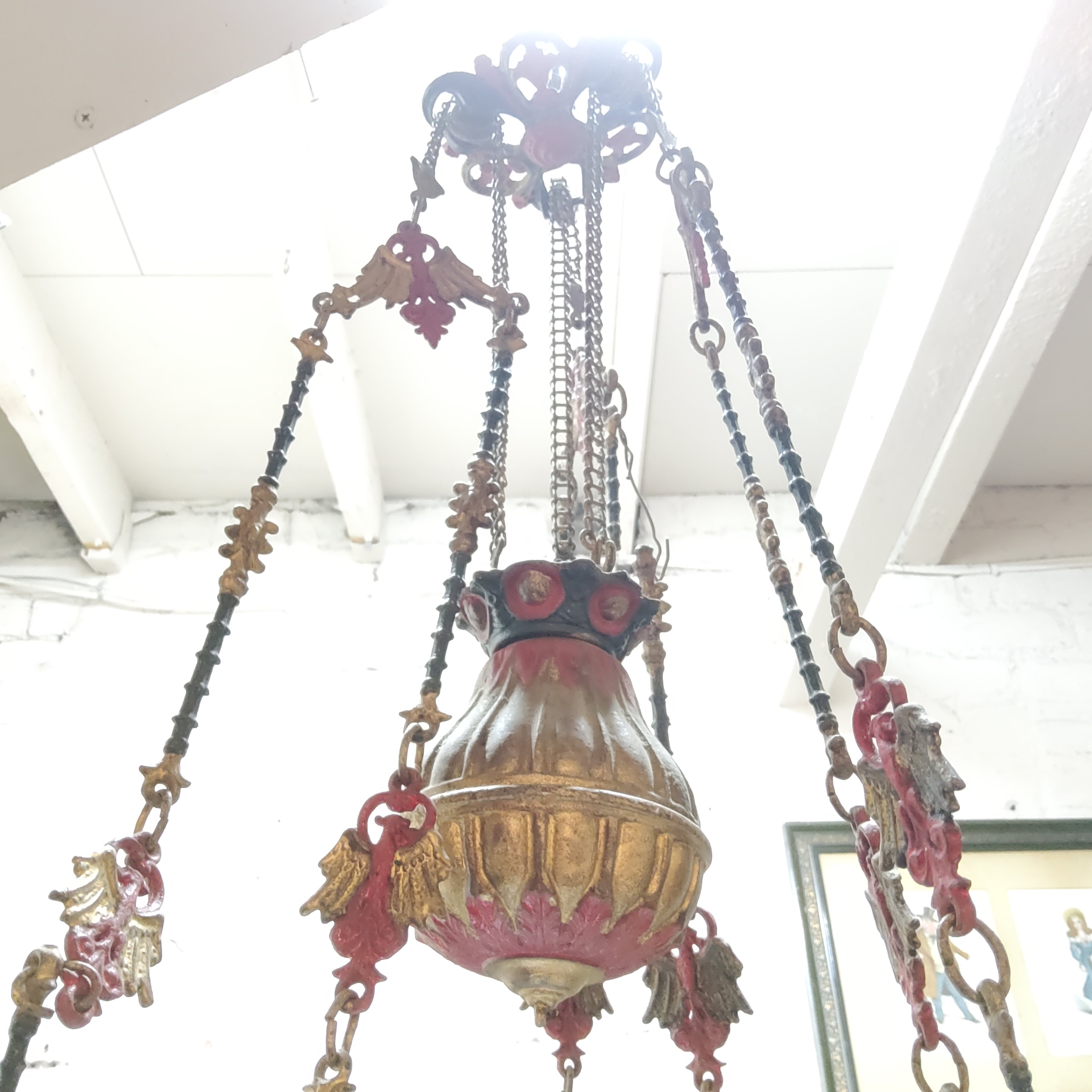 A 19th century ceiling oil lamp, later painted in red and gilt, opaque domed shade, weighted rise - Image 3 of 3