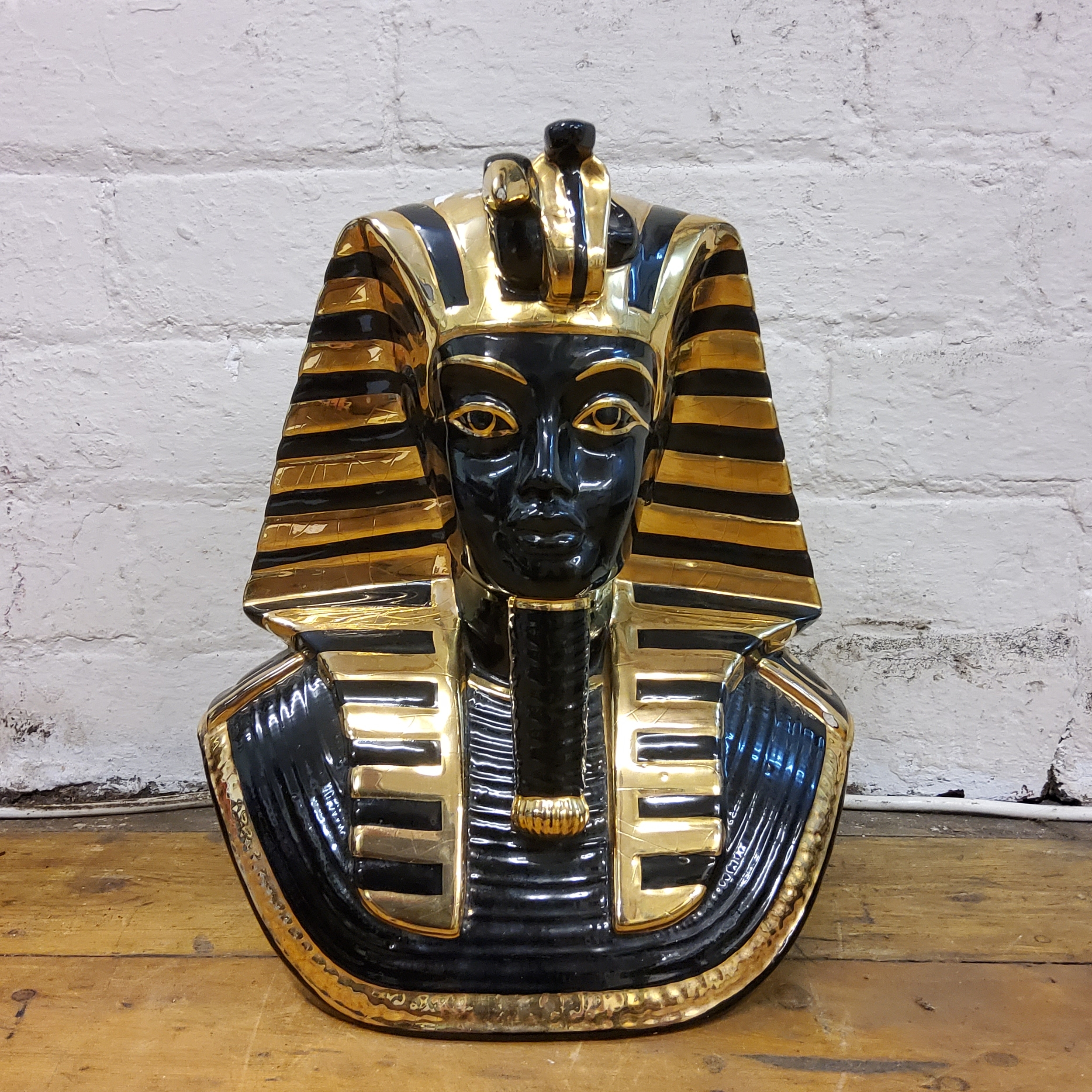 A large ceramic Tutankhamun pharaoh mask, moorish black and gold glaze, 34cm high - Image 2 of 2