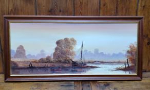Gordon Allen (20th century) Moored Fishing Boat signed, oil on canvas, 37cm x 90cm, framed