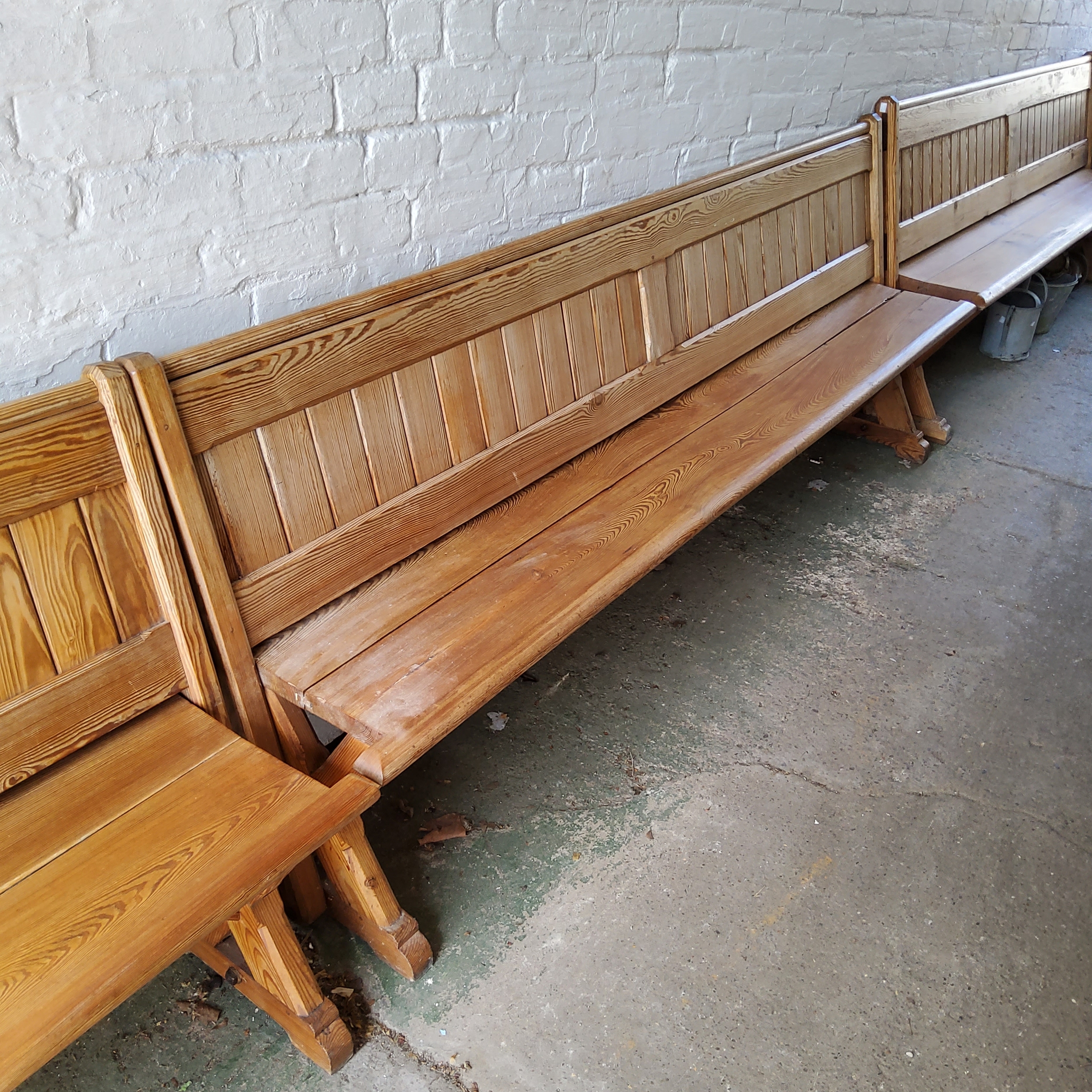 A Victorian pitch pine church pew / tram seat, slatted back, 240cm long, c,1860 - Image 5 of 5