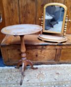 A pine dressing mirror, turned supports, 51cm high;  a 19th century style occasional table, oval