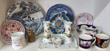 Ceramics - a Gaudy Welsh jug;  Sunderland lustre saucers;  an early 19th century Willow pattern