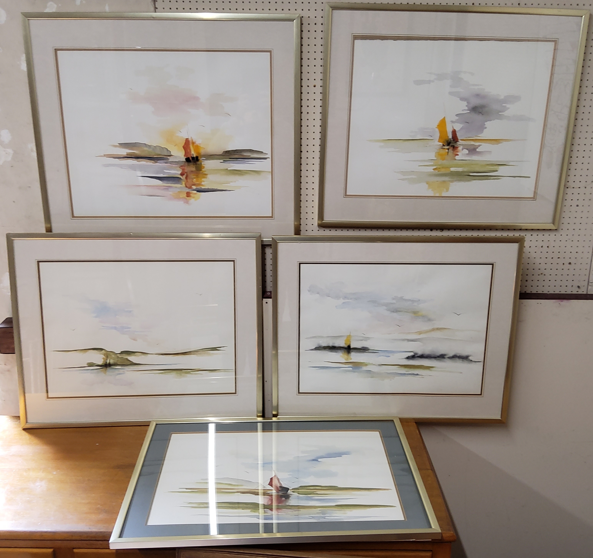 Walter Wrulich (contemporary) A set of five, Boats on Calm Waters signed, ink and watercolour,