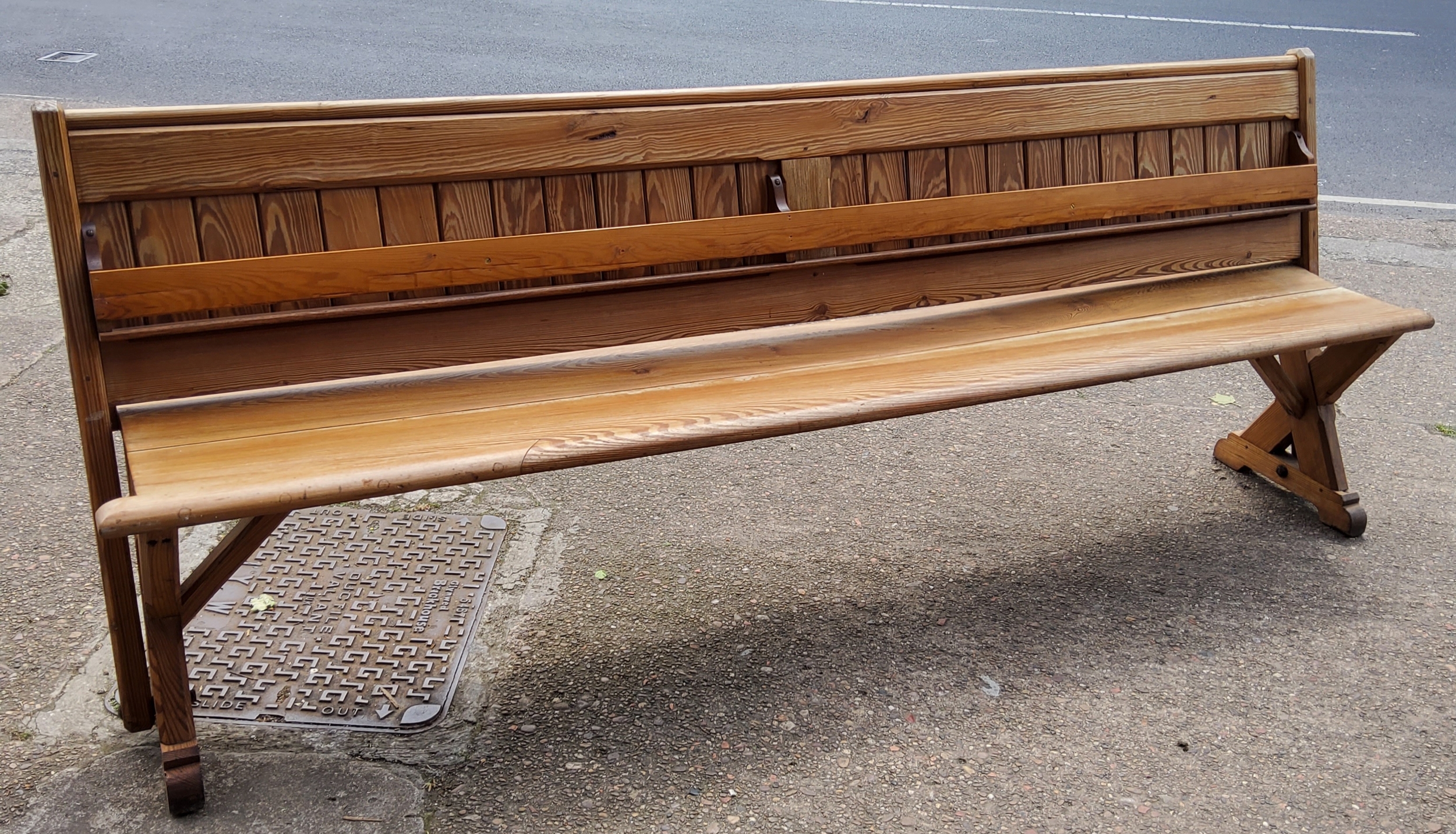 A Victorian pitch pine church pew / tram seat, slatted back, 240cm long, c,1860 - Image 3 of 5