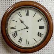 A Victorian mahogany fusee school clock, Roman numerals, 42cm diameter.