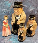 A graduated set of three Royal Doulton Winston Churchill character jugs, 21.5cm - 10cm high, printed