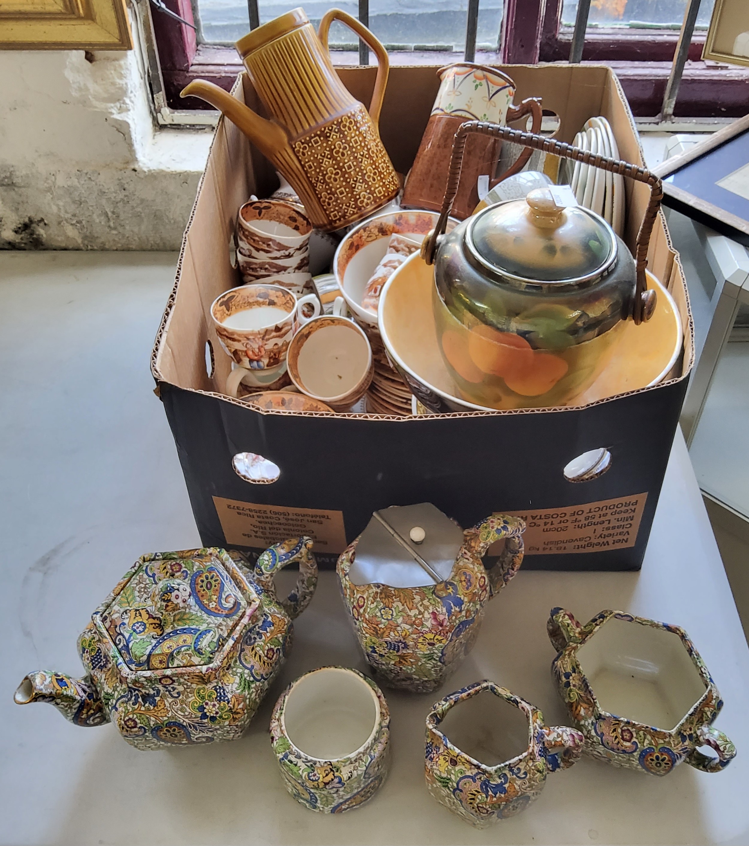 Teaware - a late 19th century Staffordshire tea service, printed and painted with  Oriental figures.