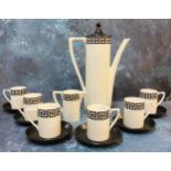 A Portmeirion coffee set, for six, designed by Susan Williams Ellis, black Greek key band,