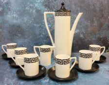 A Portmeirion coffee set, for six, designed by Susan Williams Ellis, black Greek key band,