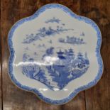 A Royal Worcester Willow pattern shaped cabaret tray, printed with pagoda and pine tree, 50cm