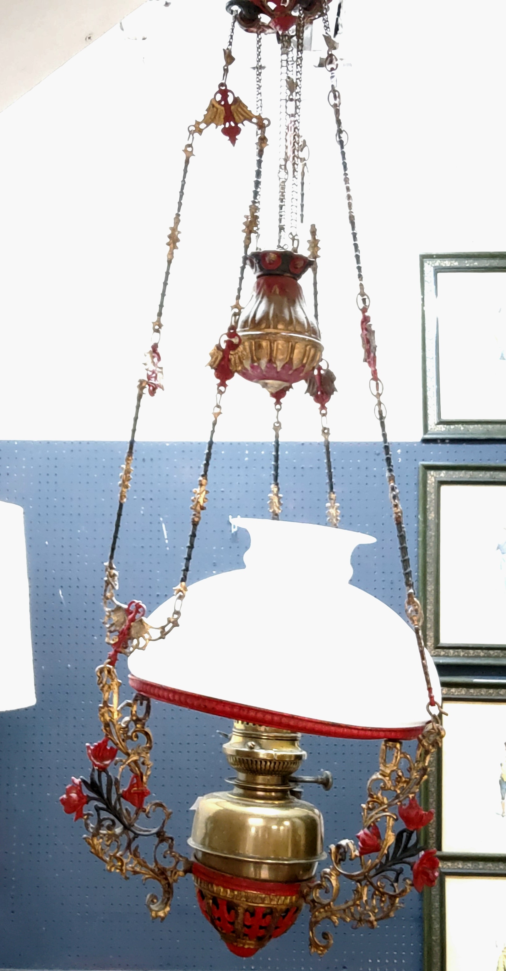 A 19th century ceiling oil lamp, later painted in red and gilt, opaque domed shade, weighted rise - Image 2 of 3