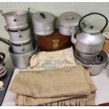 Catering aluminium saucepans, tea kettle;  etc;  postal sacks, English and French;  Ellams