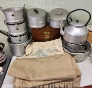 Catering aluminium saucepans, tea kettle;  etc;  postal sacks, English and French;  Ellams