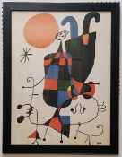 After Joan Miró (1893-1983), Figures and Dog in Front of the Sun, coloured print, 60cm x 45cm