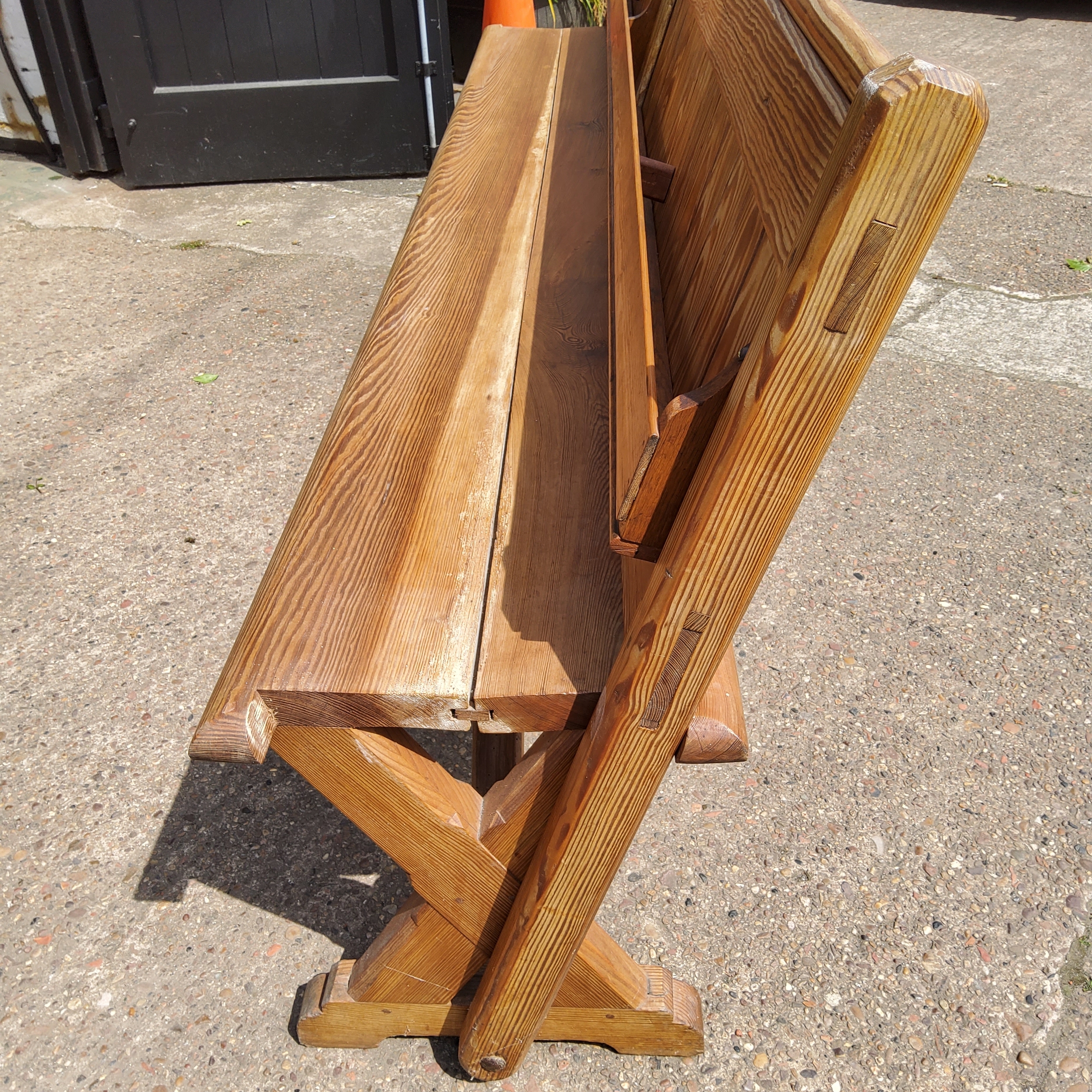 A Victorian pitch pine church pew/ tram seat, reversible slatted back, 240cm long, c,1860.  Note: - Image 3 of 4