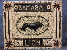 An unusual bone mosaic wooded panel, Bamara Lion, centred with lion standing, 60cm x 50cm