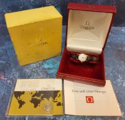 A 9ct gold Omega lady's wristwatch, later leather strap, original plated buckle, boxed, original