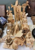 Various built Timberkit mechanical models including Bi-plane, Double Bass, Pianist, Drummer, Vintage