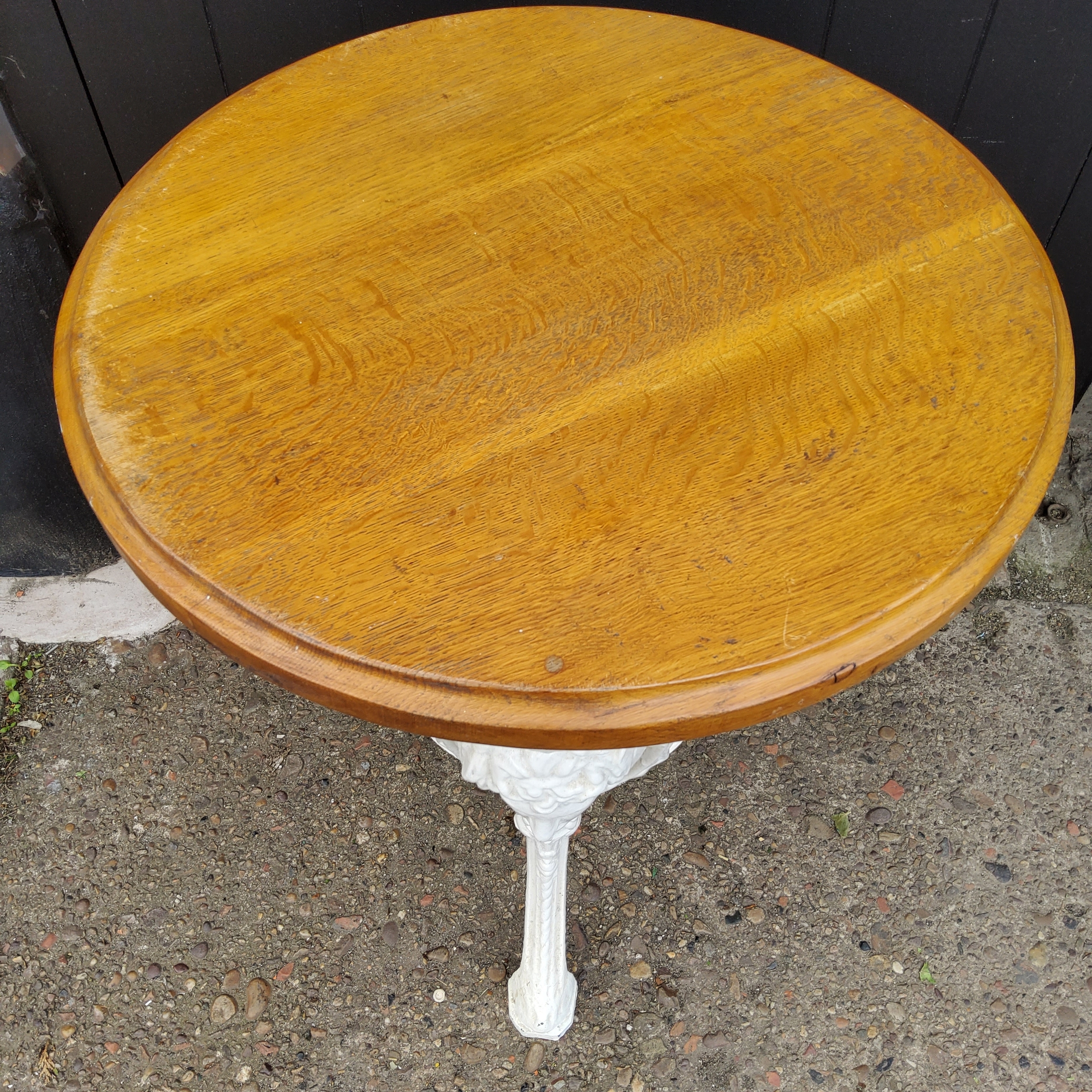 A Victorian cast iron pub table, bold mask capped trio with pierced circular under tier, later - Image 2 of 2