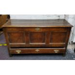 An early George III English oak blanket box, one long drawer to base, bold batwing brass escutcheons