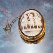 A 9ct gold mounted oval cameo brooch, depicting the three graces, approx 45 x 35mm DJE, Edinburgh,