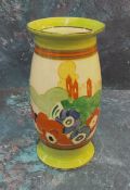 A Clarice Cliff Fantasque Bizarre Alton pattern bowed ovoid vase, painted with a stylised