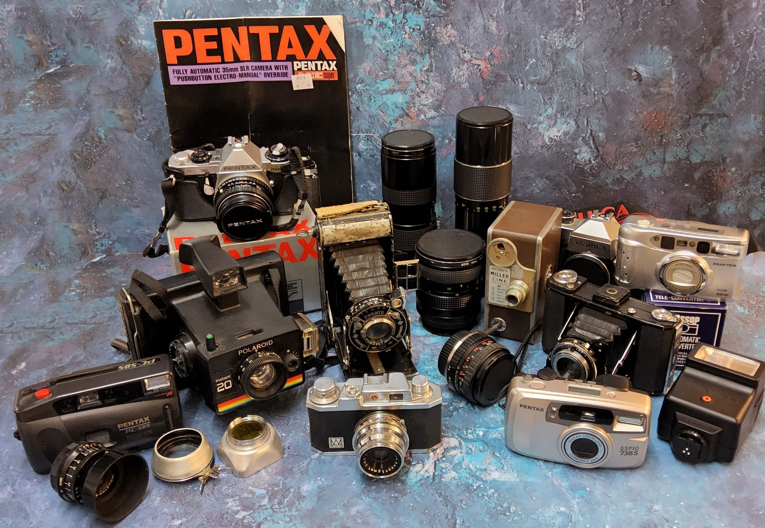 Vintage Cameras and Photography - Pentax ME Super & lens; Pentax Flashlight; Polaroid Instant 20;