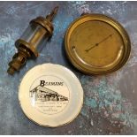 A late 19th century Aneriod barometer, brass drum case, with thermometer, 12.5cm diam;  a steam