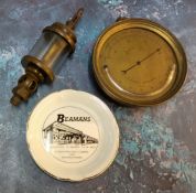 A late 19th century Aneriod barometer, brass drum case, with thermometer, 12.5cm diam;  a steam